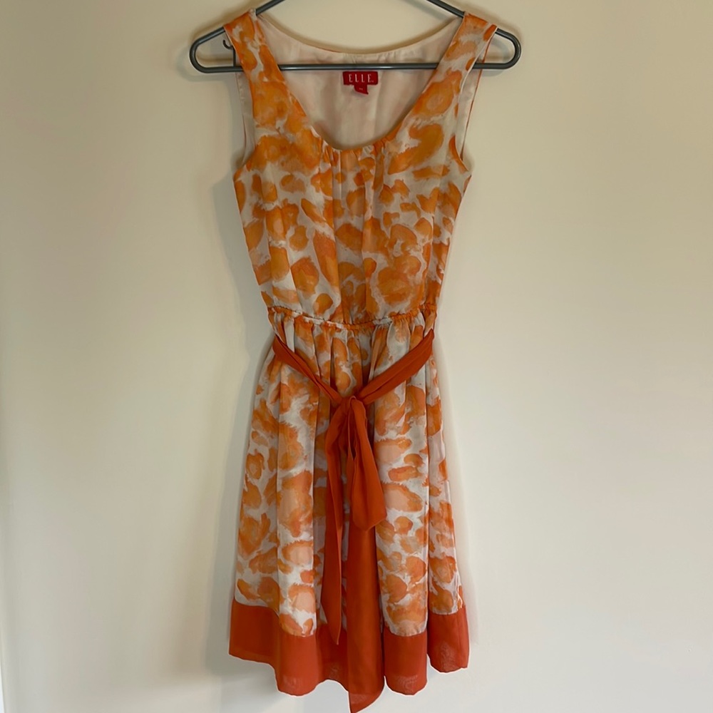 Elle Womens XS Orange and Cream Waist Defined Dress Sleeveless Lined